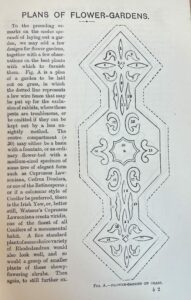 A clipping from 'Instructions in Gardening for Ladies' by Jane Loudon, 1840, showing an ornate plan for a flower garden on the right with a lengthy description on the left of the page.